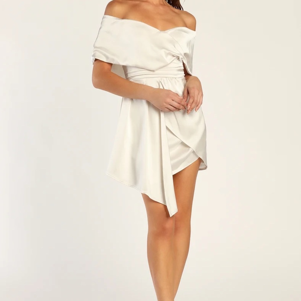NWT Lulu’s Always Celebrating Ivory Satin Off-the-Shoulder Mini Dress